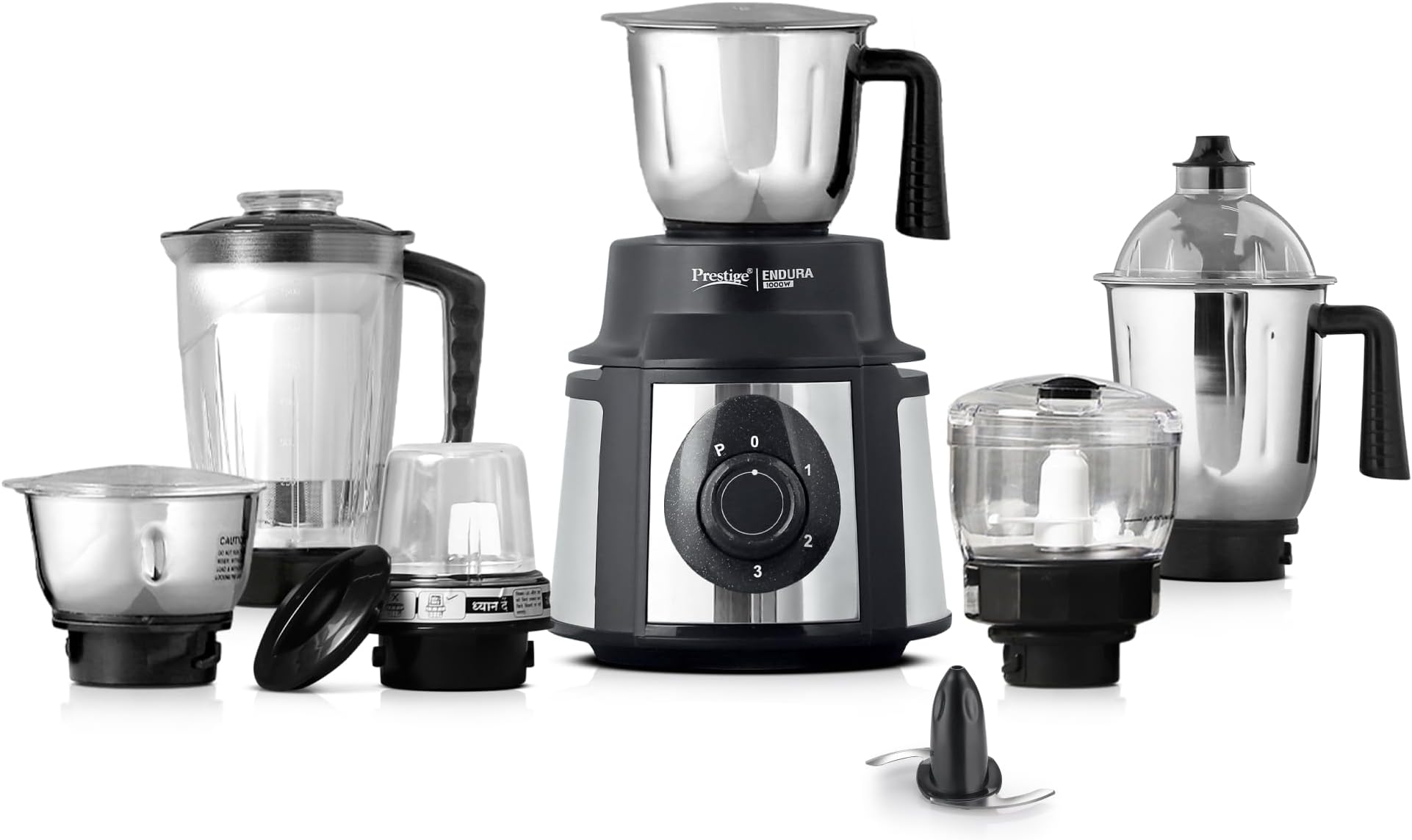 - Endura 1000 Watt Mixer Grinder with 6 Jars | Heavy-Duty Ball Bearing Motor | 3 Stainless Steel Jars + 1 Juicer + 1 Mix-O-Keep + 1 Multi-Utility | SS Baldes | Black | 5Y Motor Warranty
