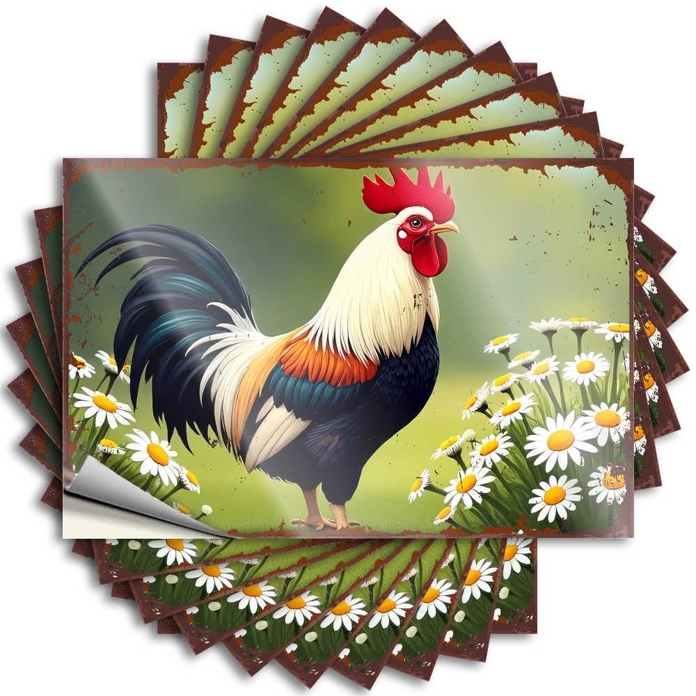House Accessories for Home Stickers Tumbler | A Rooster Amidst Daisy Flowers in A Pastoral Scene Motivational Absorbing Sticker Pack(8X12CM)