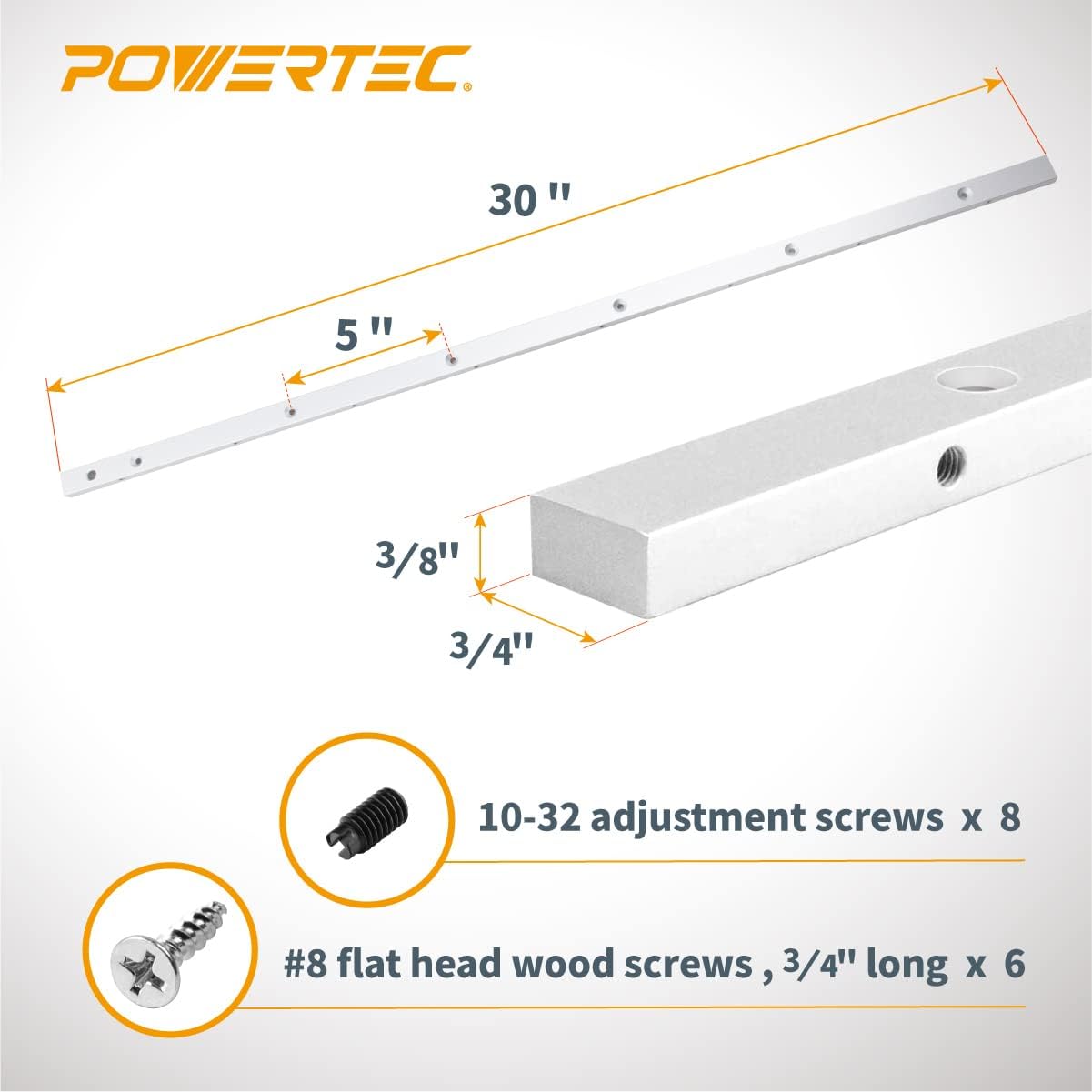 POWERTEC Crosscut Sled Miter Bar for Table Saw Sled, 3/4" x 3/8" x 30" with Predrilled Holes & Screws for Router Table, Bandsaw, Taper Jig, Table Saw Accessories for Woodworking, 2PK (71144-P2)