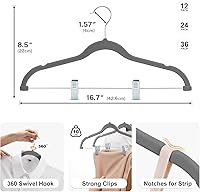 Vista 9 de HOUSE DAY Perchas de terciopelo para faldas, paquete de 36 perchas de terciopelo gris con clips ajustables, colgador de fieltro delgado que ahorra