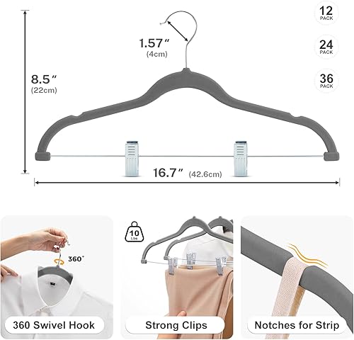 Miniatura 9 de HOUSE DAY Perchas de terciopelo para faldas, paquete de 36 perchas de terciopelo gris con clips ajustables, colgador de fieltro delgado que ahorra
