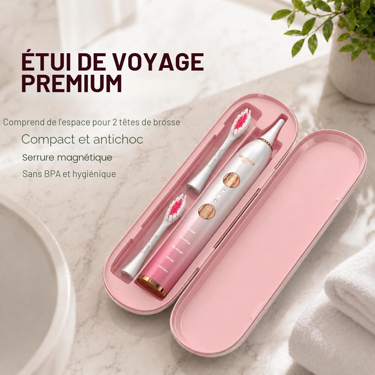 Wagner Stern WHITEN+ – Brosse à dents électrique avec capteur de pression, 5 modes, 3 intensités, 8 têtes souples, moteur puissant, étui de voyage luxe inclus (Pivoine)