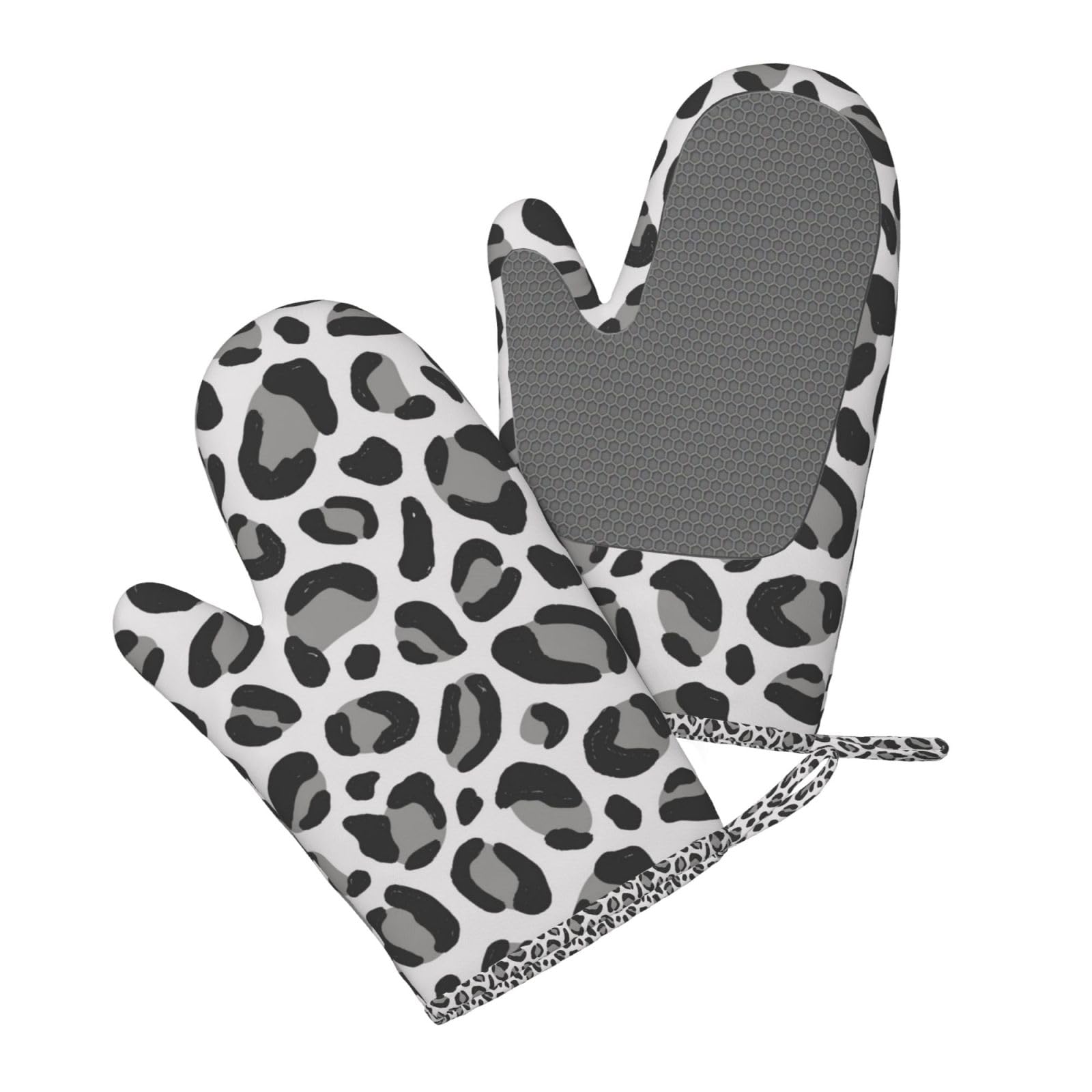 Ensemble de Quatre Gants et maniques résistants à la Chaleur, Gants de Cuisine antidérapants, Gants de Four, Motif léopard des neiges