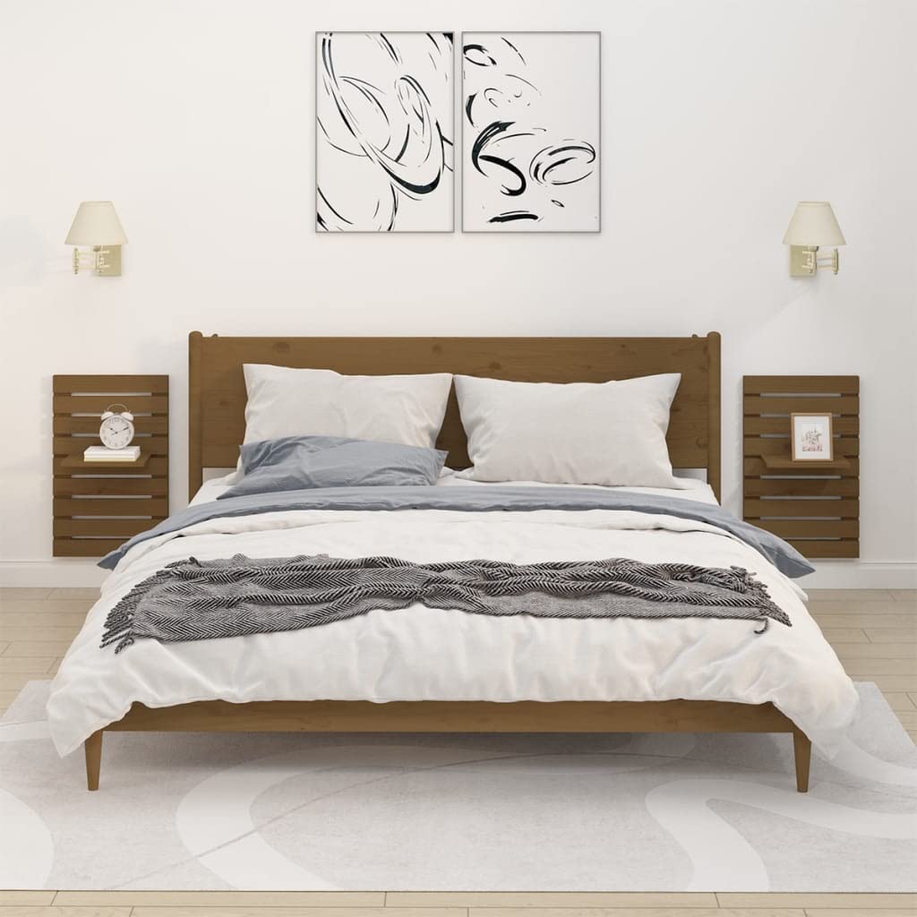 2er-Set Wand-Nachttische Honigbraun Kiefer Massivholz | Schwebende Wandregale fürs Schlafzimmer mit flexiblem Einlegeboden für eine platzsparende Aufbewahrung.