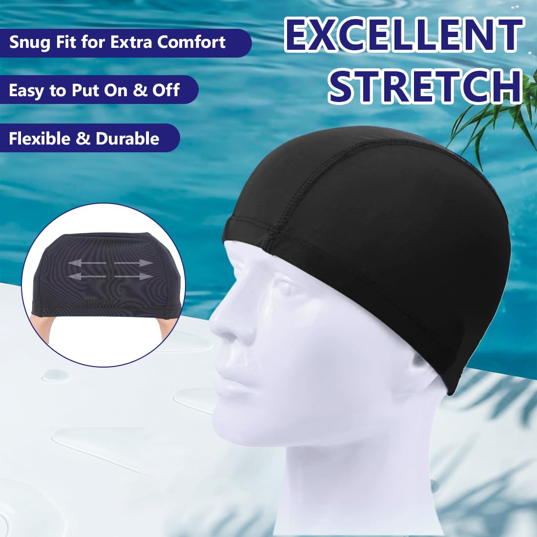 Paquete de 2 Gorros de Natación para Hombres y Mujeres, Elástico y Cómodo, Unisex para Adultos y Niños, Apto para Cabello Largo, Piscina Hombre, Swimming Cap (Negro + Azul Marino)