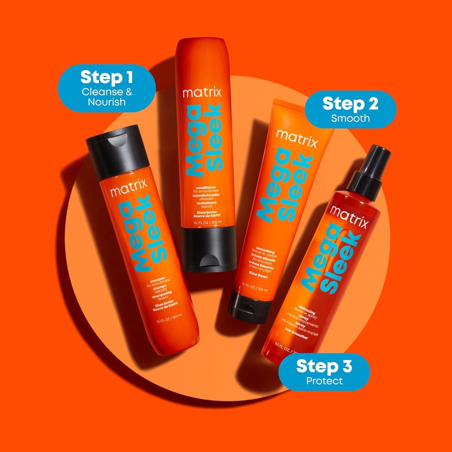 Matrix Mega Sleek Shampoo and Conditioner Set - Smoothing and Moisturizing, Anti-Frizz, Detangling, For All Dry, Damaged & Frizzy Hair Types, Nourishes With Shea Butter, Vegan