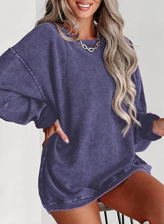 Chvity Womens Crewneck Oversized Corduroy Corded Sweatshirt Casual Long Sleeve Trendy Pullover Comfy Tops - Image 2