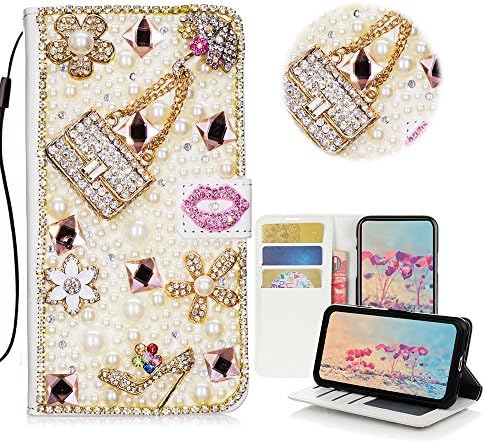 STENES Samsung Galaxy S8 Case - STYLISH - 3D Handmade Crystal Girls Bags High Heel Lips Flowers Wallet Credit Card Slots Fold Media Stand Leather Cover Case - Pink
