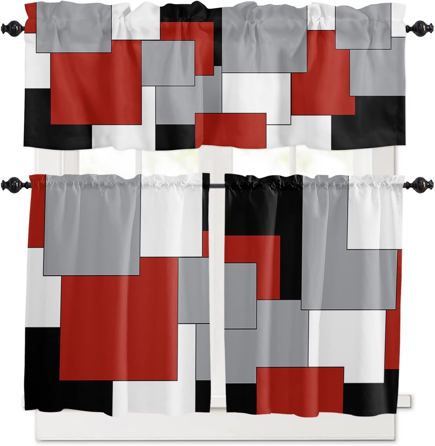Kitchen Curtains and Valances Set, 3 Pieces Rod Pocket Tier Curtains Abstract Red Black Grey White Color Block Small Window Valance Sets Treatment Drapes Splicing Geometric Plaid