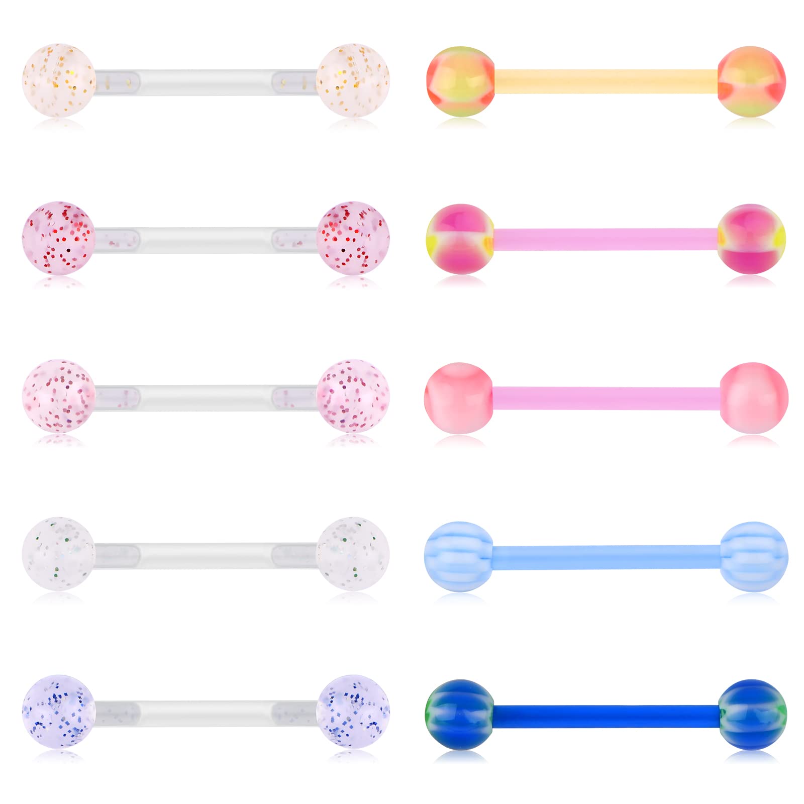 Funseedrr 10pcs Piercing Lengua Pezon Silicona Flexible 14G 16mm Recto Barras Pezon Anillo Lengua Piercing Joyas