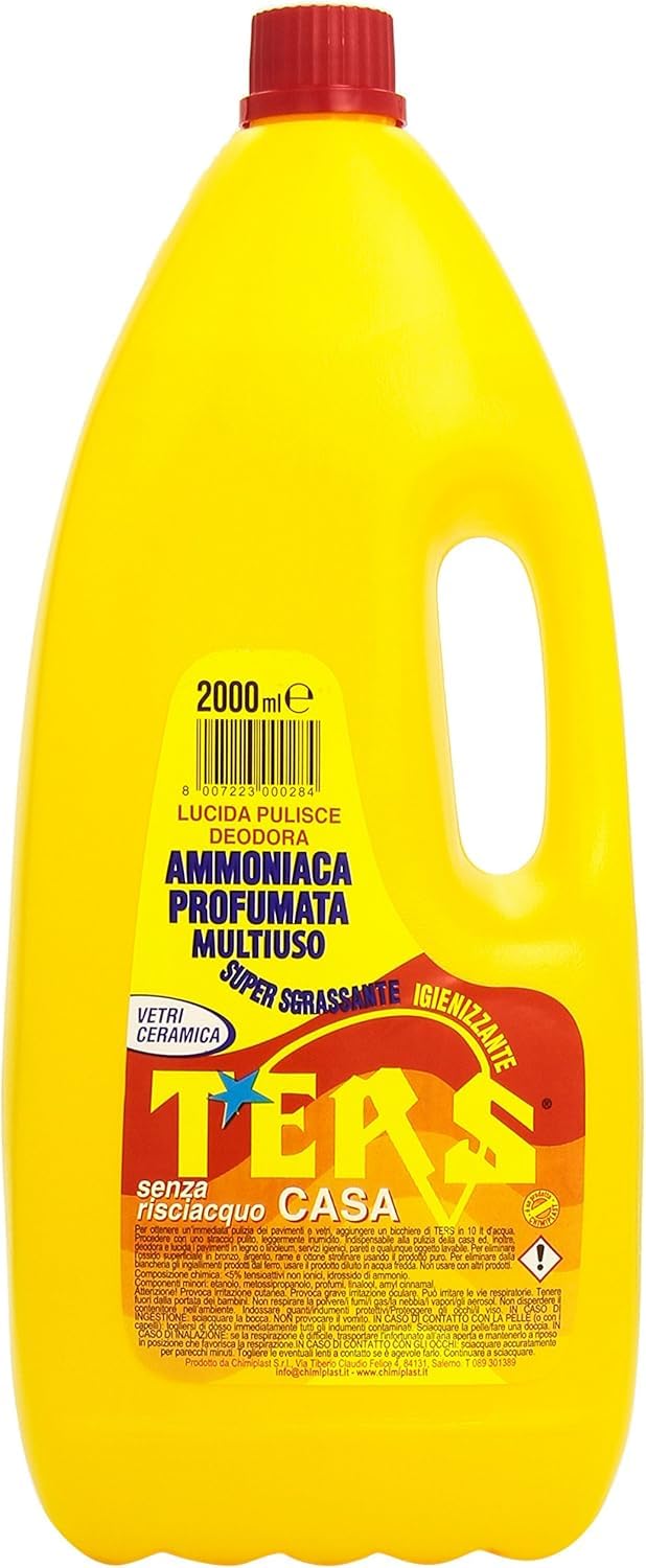 Mille Idee – 9 Pezzi Ammoniaca Profumata Multiuso Ters Casa 2000 ml [Totale 16 Litri] + 1 Straccio | Super Sgrassante, Igienizzante, Senza Risciacquo, Per Vetri e Ceramica