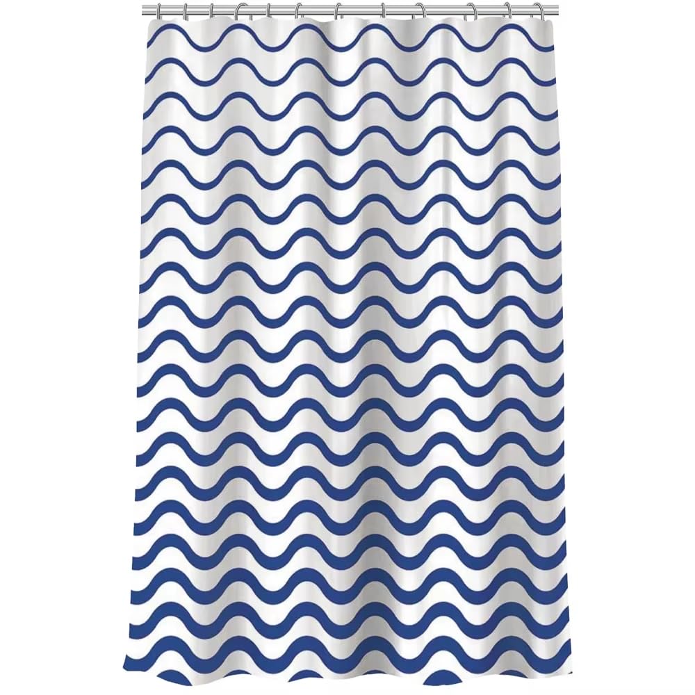 Rideau de douche 75 x 190 cm blanc et bleu moderne minimaliste en tissu avec crochets