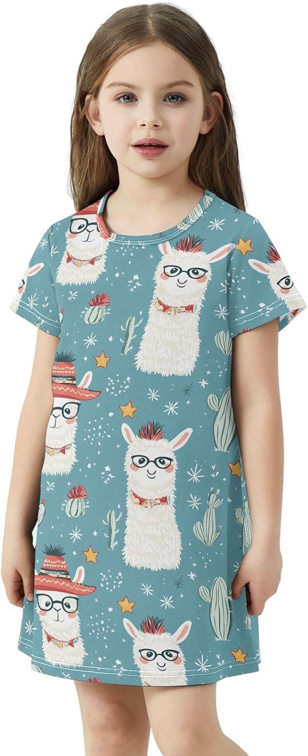 Funny Llama Girls Dresses Summer Dresses for Girls with Cotton Short Sleeves for Casual a Line Dress Size 2-8Y
