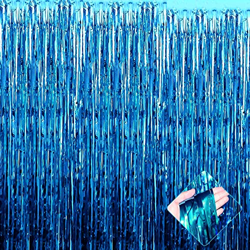 Image of 4 Pack 3.2Ft x 8.2Ft Lake Blue Foil Fringe Curtain Backdrop, Metallic Tinsel Foil Fringe Streamers Curtains Background for Photo Booth, Birthday, Wedding, Halloween, Christmas Party Decoration