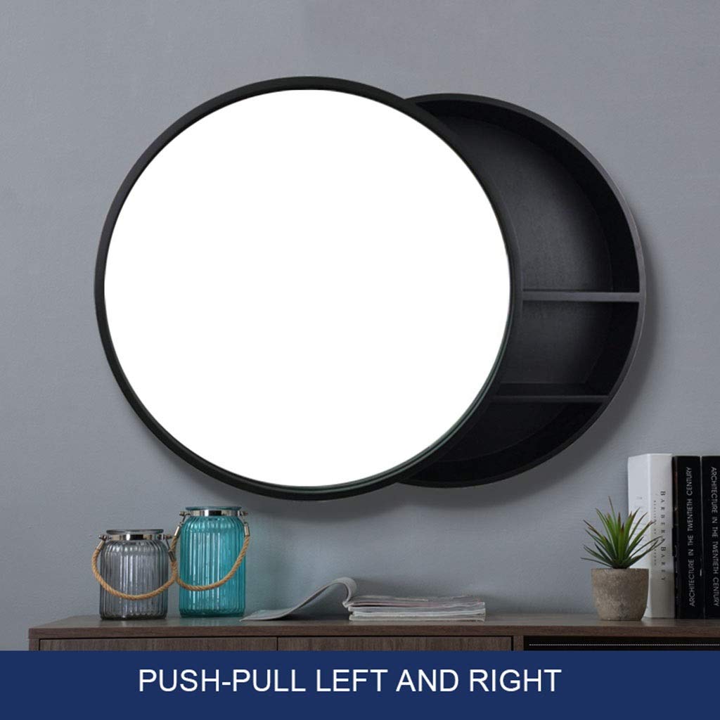 Specchio Contenitore per Bagno Specchio in Legno Massello con Ripiano Specchio per Trucco Mobile Pensile A Parete Tondo, Sinistra E Destra Push-Pull (Color : Black, Size : 50cm/19.7inches)