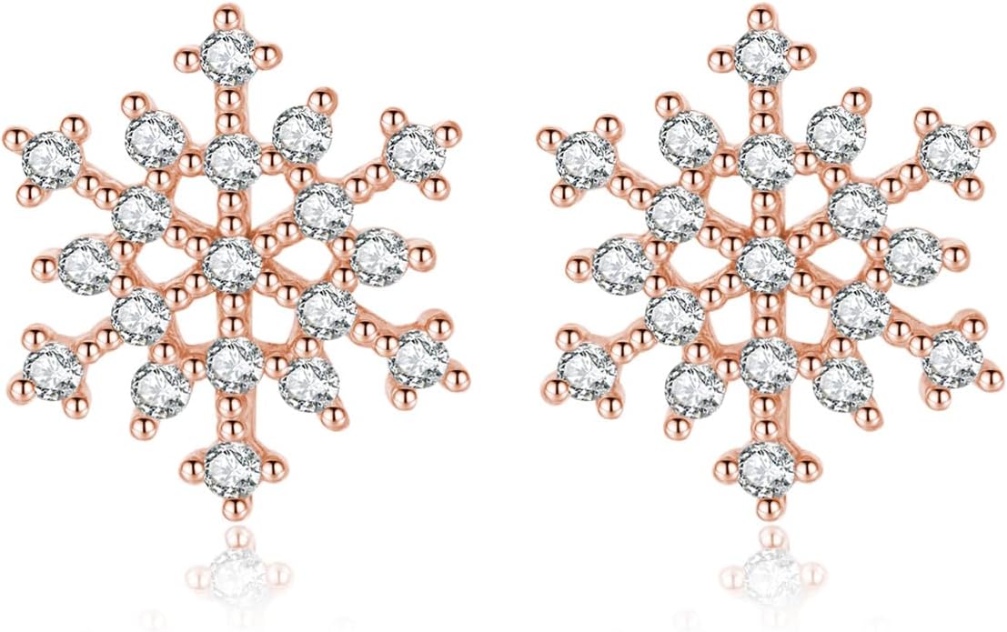 Reffeer Solid 925 Sterling Silver CZ Snowflake Stud Earrings for Women Teen Girls Winter Snow Stud Earrings Christmas