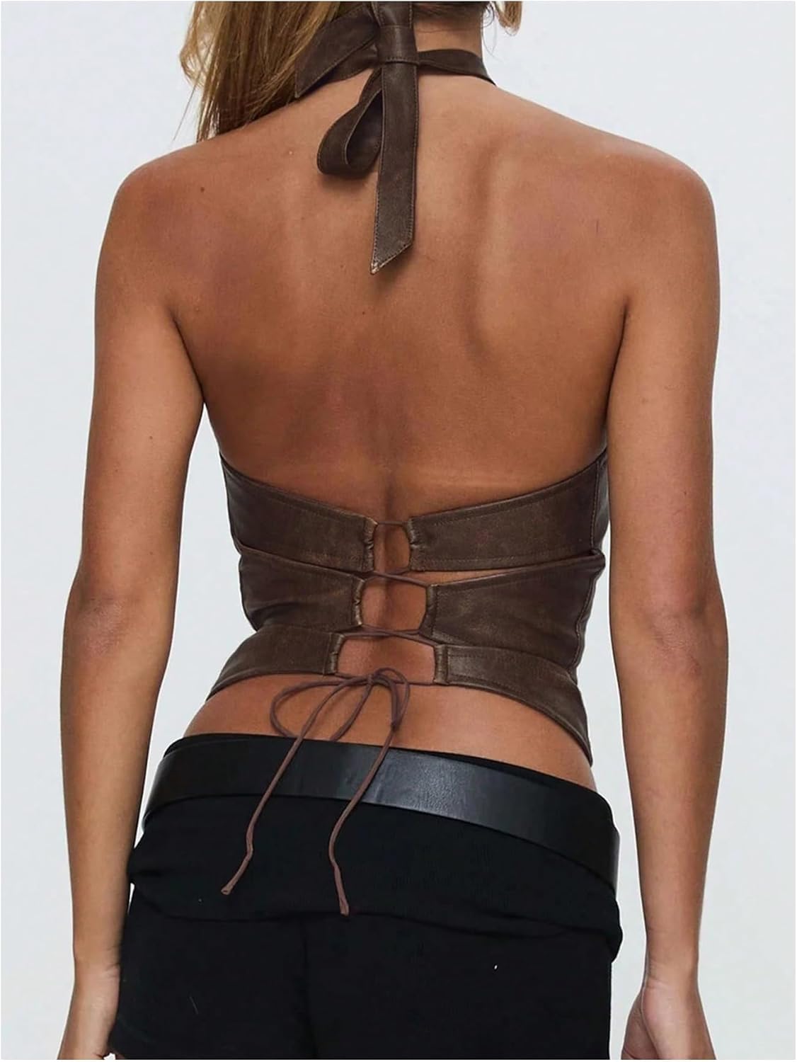 Verdusa Women's Y2K Lace Up Backless Leather Halter Top Rave Club Going Out Tops - Image 2