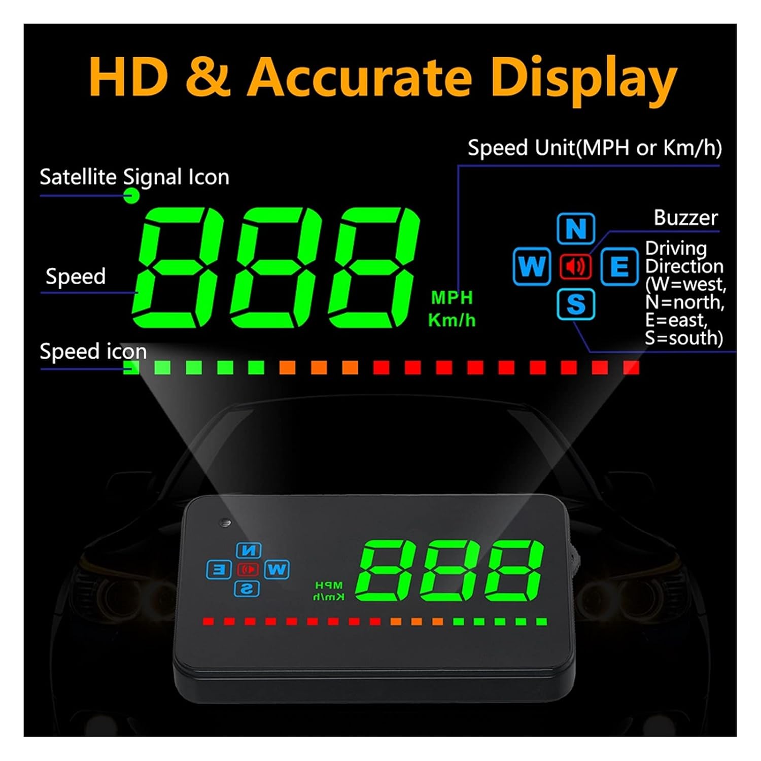 Car Electronics Digital Car Speedometer Electronics Head Up Display Speed Projector Auto HUD Windshield Projector GPS Compatible with All Car