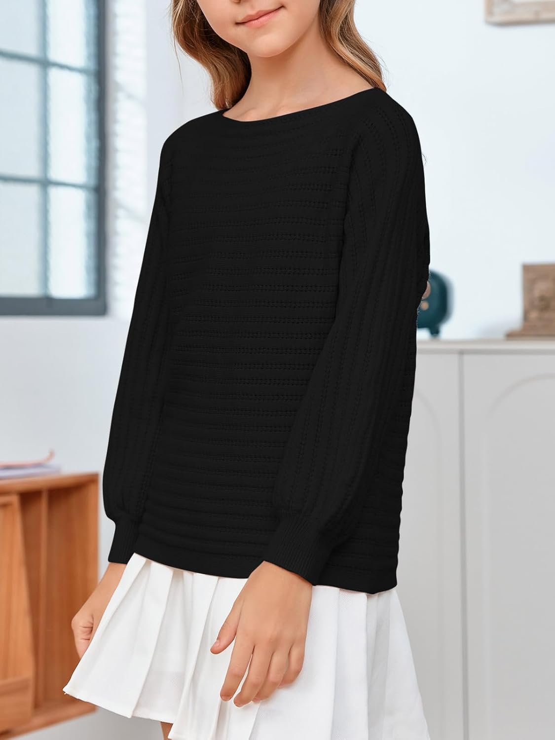 Mafulus Girl's Puff Long Sleeve Crewneck Pullover Sweaters Kids Cable Knit Hollow Out Slouchy Cute Fall Jumper Tops 5-14T - Image 4