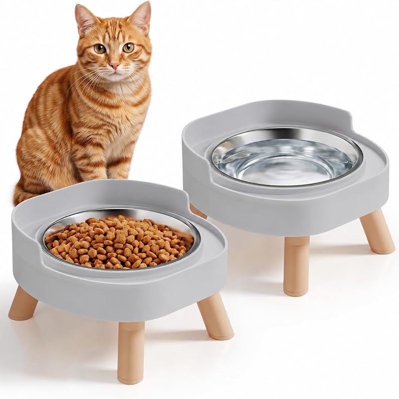 Potes elevados para gatos com tigelas de aço inoxidável, antiderrapantes e laváveis na lava-louças HIAIEVIY, Cinza, Pacote com 2