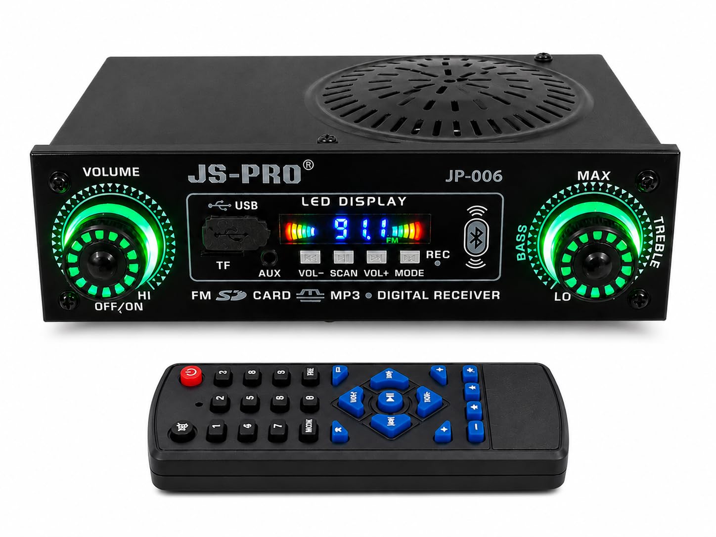 JS PRO JP-006 Amplifier 20 W AV Control Amplifier | 20W+20W stereo sound, Bluetooth/USB/TF/AUX/FM, 4" speaker, LED display, remote, AC/DC power supply-image-12