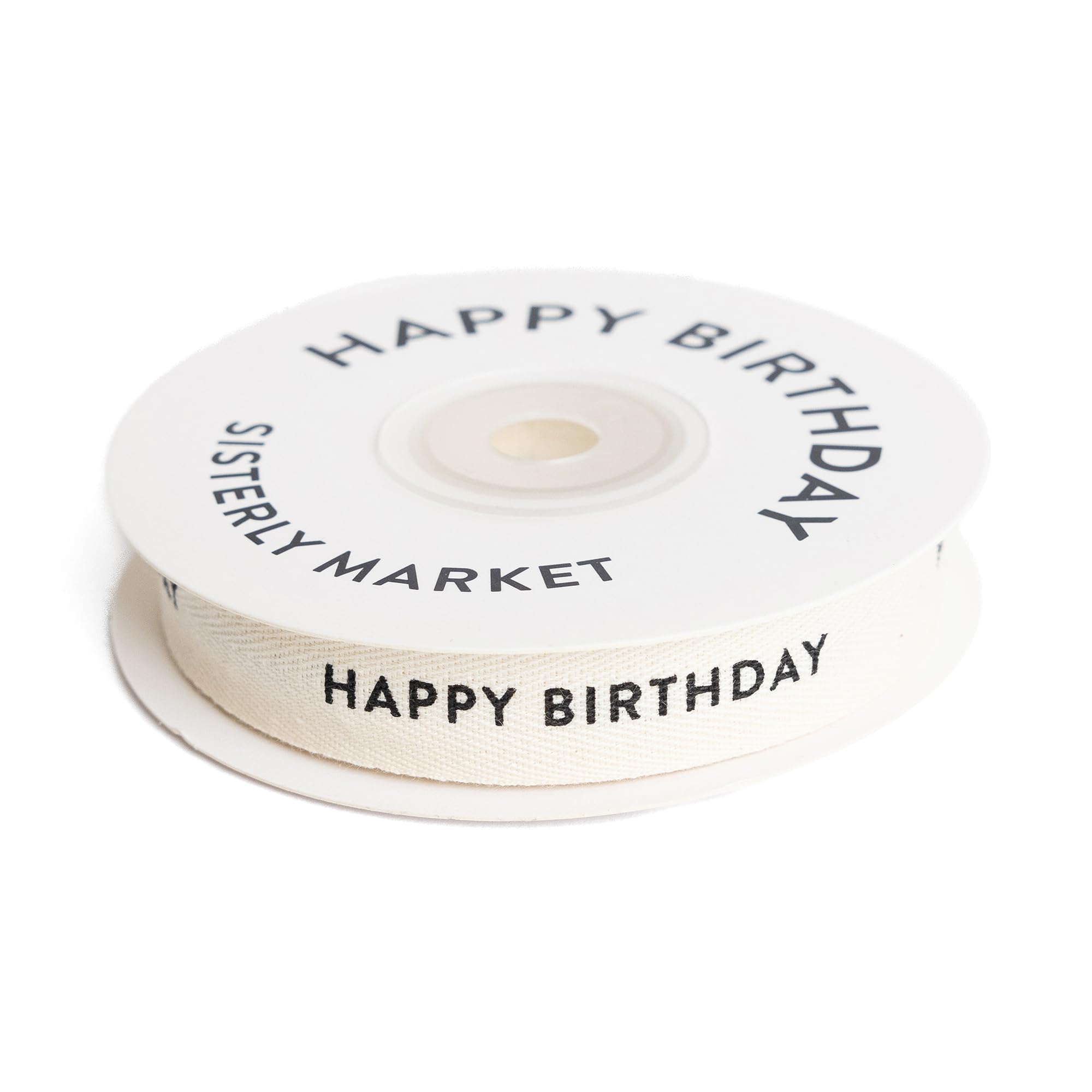 Custom Herringbone Cotton Ribbon, Natural 5/8 Inch Gift Ribbon with Happy Birthday Printed Phrase, 10 Yards