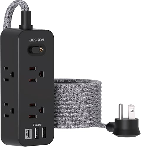Cable de extensión negro de 10 pies, regleta protectora de sobretensiones con 6 tomas, 3 puertos USB (1 USB C), extensor de salida de 3 lados,