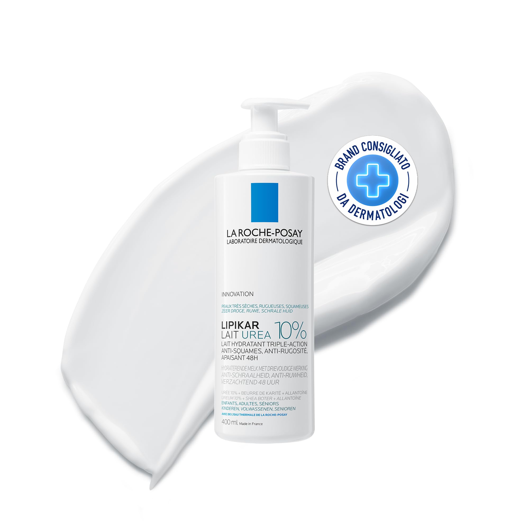 La Roche-Posay Lipikar Latte Urea 10%, Latte Corpo Idratante, Adatto a Pelle Secca e Desquamata, Azione Anti-Arrossamento, Effetto Levigante e Setificante, Formula con Urea 10%, 400ML
