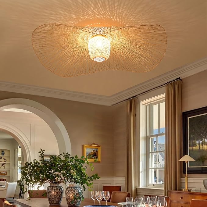 ENXING Plafondlamp rotan lampenkap bamboe lamp vintage creatieve bamboe retro E27 eetkamer hanglamp woonkamer decoratie café bar hanglamp kinderkamer verlichting, 65 cm photo 2