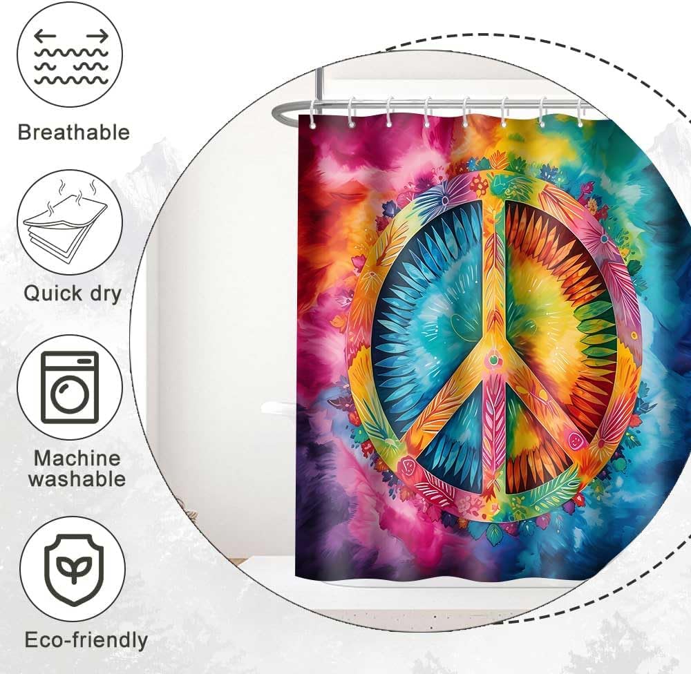 Peace Symbol Shower Curtain, 60x72 inch Polyester, Colorful Watercolor Tie Dye Hippie Peace Sign Bathroom Shower Curtains Decor Set with 10 Hooks YLDWTP0781