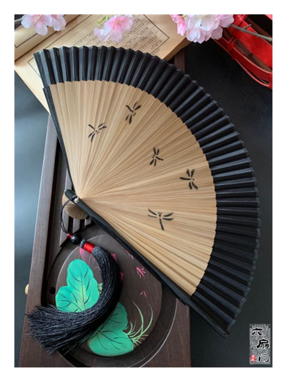 NZPOST Folding fan Chinese Style Ancient Style Bamboo Handle Folding Fan Juan Cloth Female Fan Cherry Blossom Portable Jump Dance Fan fan (A 21cm)