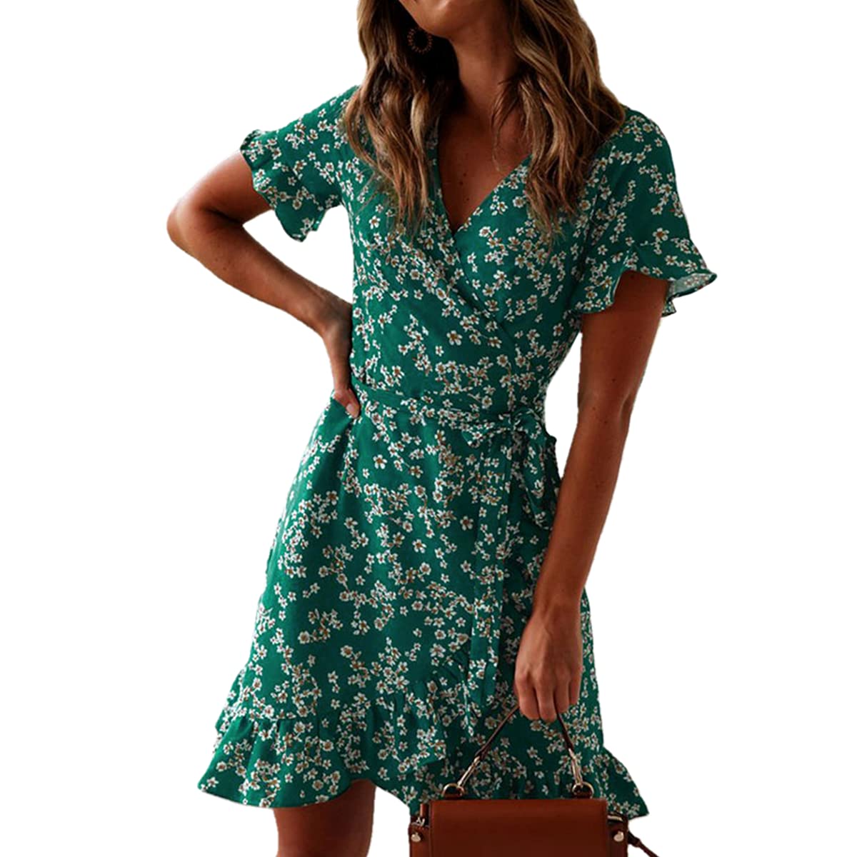 Mosestons Mujer Vestido de Gasa Bohemio Corto Florales Nacional Verano Sexy Vestido Casual Magas Cortas Fiesta Playa Vacaciones Vestido S-XXL
