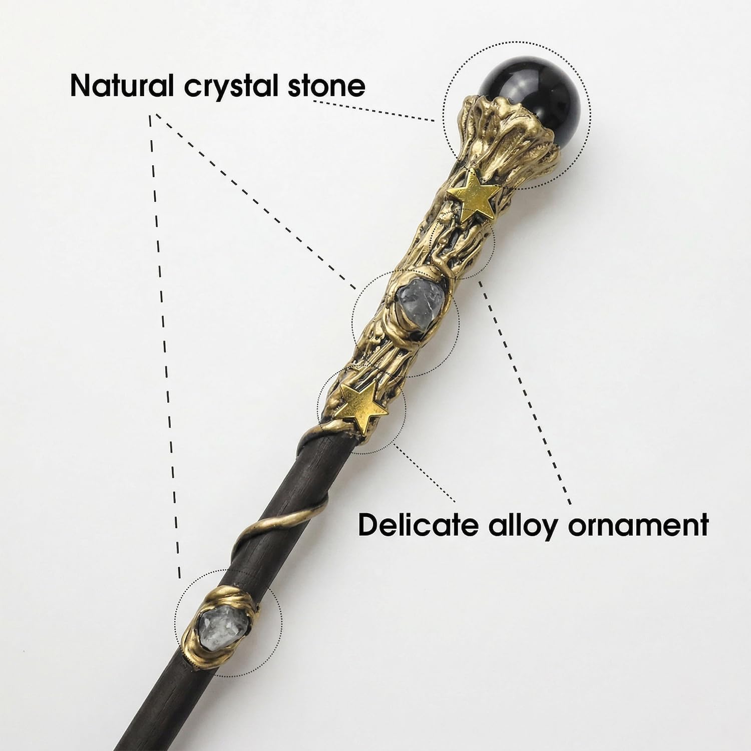 Bubbmi Black Crystal Witch Magic Wand, Gemstone Wizard Halloween Christmas Cosplay Accessories Sorcerer Collection Witchcraft Props with Gift Box (Black 1)