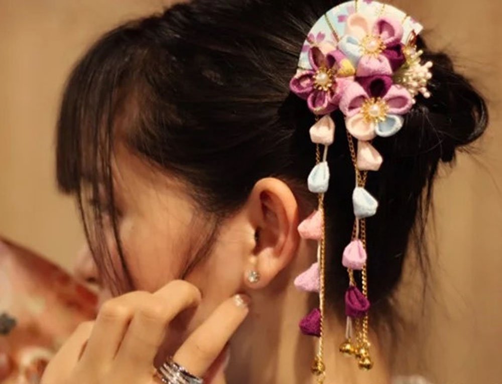 CRB Fashion Womens Girls Kimono Traditional Tsumami Kanzashi Outfit Wedding Japanese Asian Yukata Hair Tie Flower Floral Sakura Fan Barrette Clip (Blue) image 3