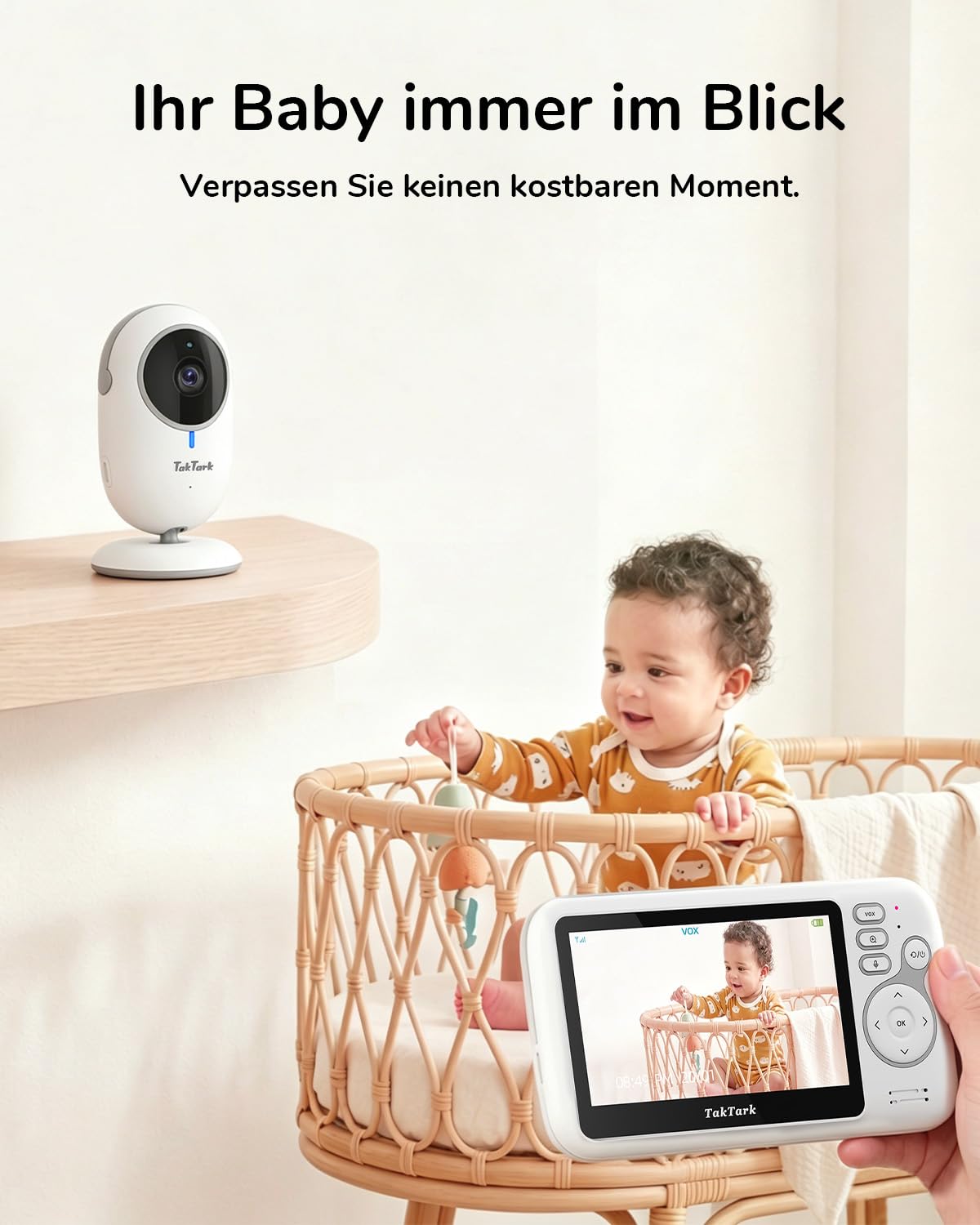 TakTark Babyphone mit Kamera, 4.3'' Babyphone Video Baby Monitor, Babyfon mit Kamera und Audio mit VOX, Gegensprechfunktion, Nachtsicht, Digitalzoom, Temperaturüberwachung und Keine störenden Lichter