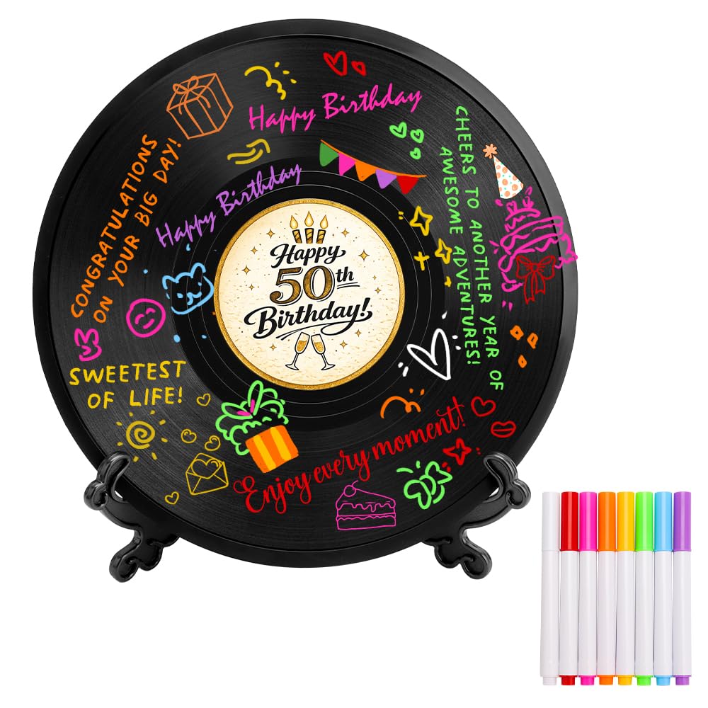 HUNGBAN 12 Inch Vinyl Record Signing Board Guest Book With 8 Color Pens,50th Birthday Decorations,Happy 50th Birthday,Milestone Party Ornaments