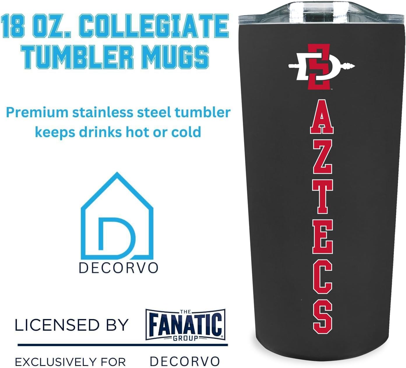 Officially Licensed Collegiate Stainless Steel Tumbler - Double Walled Insulated Travel Tumbler with Slide Lid - 18 oz (San Diego St) - Image 5