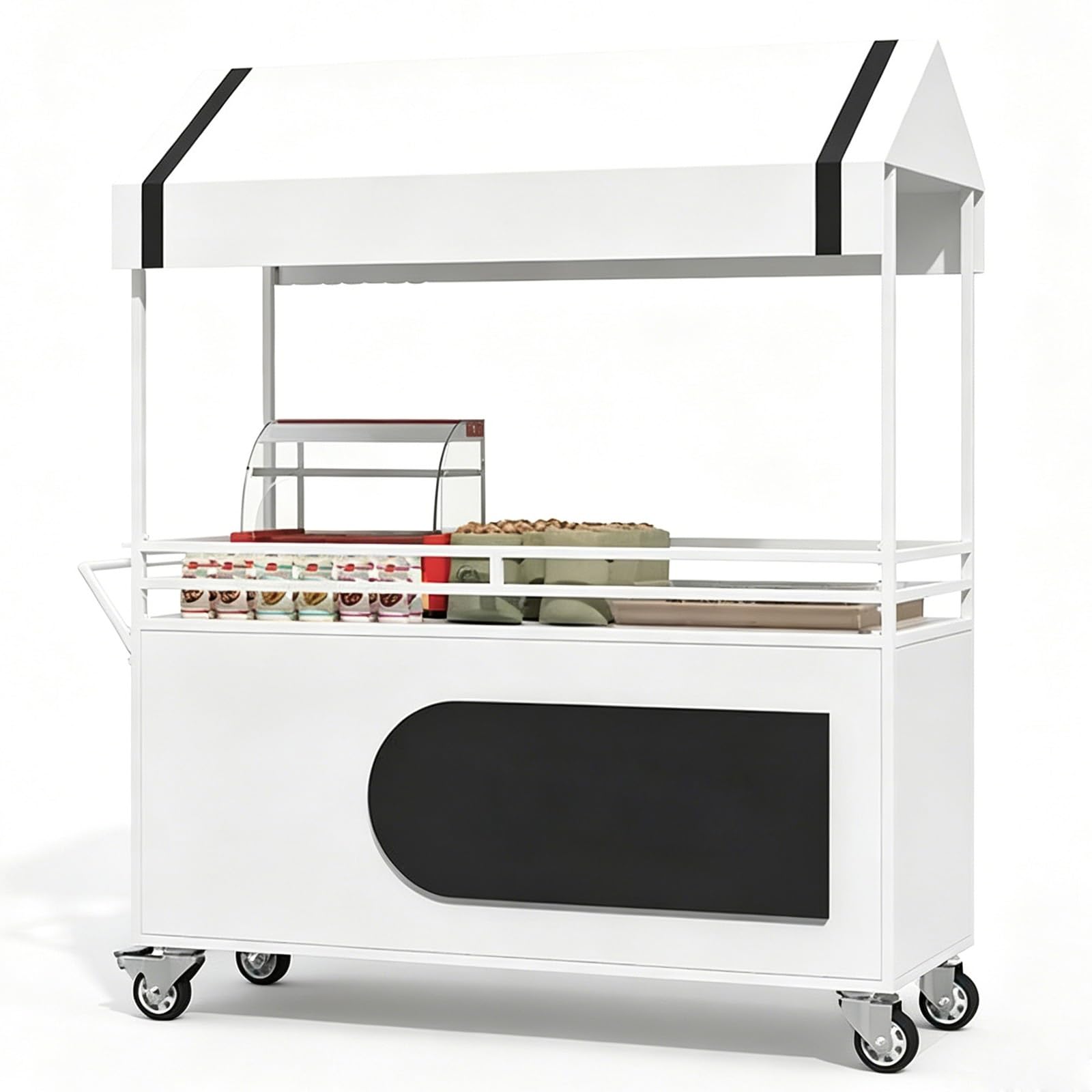 Outdoor Vendor Cart, Food Carts for Sale, Iron, with Canopy, Fence, Lockable Wheels, for Market, Street Food, Events(White,140cm/55in)