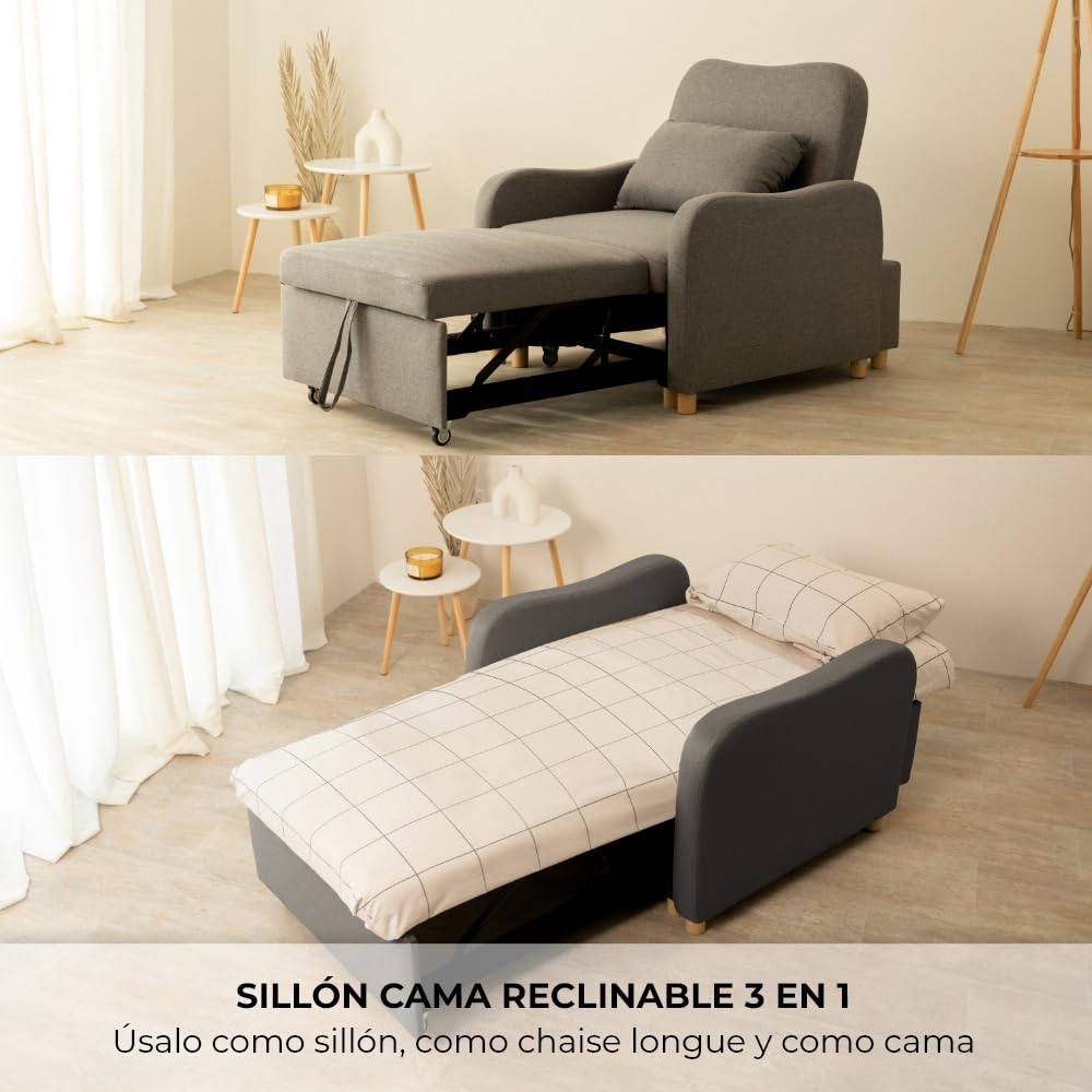 Nalui- Sillon Cama Buddy 92x97x90cm con Respaldo Ajustable 2 Posiciones y Almohada. Sofá Cama 1 Plaza 3 en 1 de Lino, Soporta hasta 200Kg. Sofá Cama Individual con Reposabrazos, Marengo