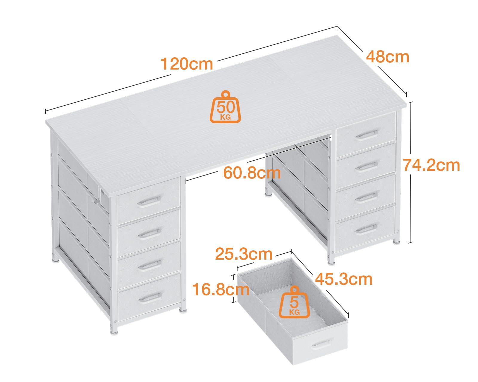 Coleshome Bureau avec 8 Tiroirs en Tissu, 120x48cm Bureau Blanc avec Rangement Table d'ordinateur Robuste, Table Informatique pour Salon Domicile