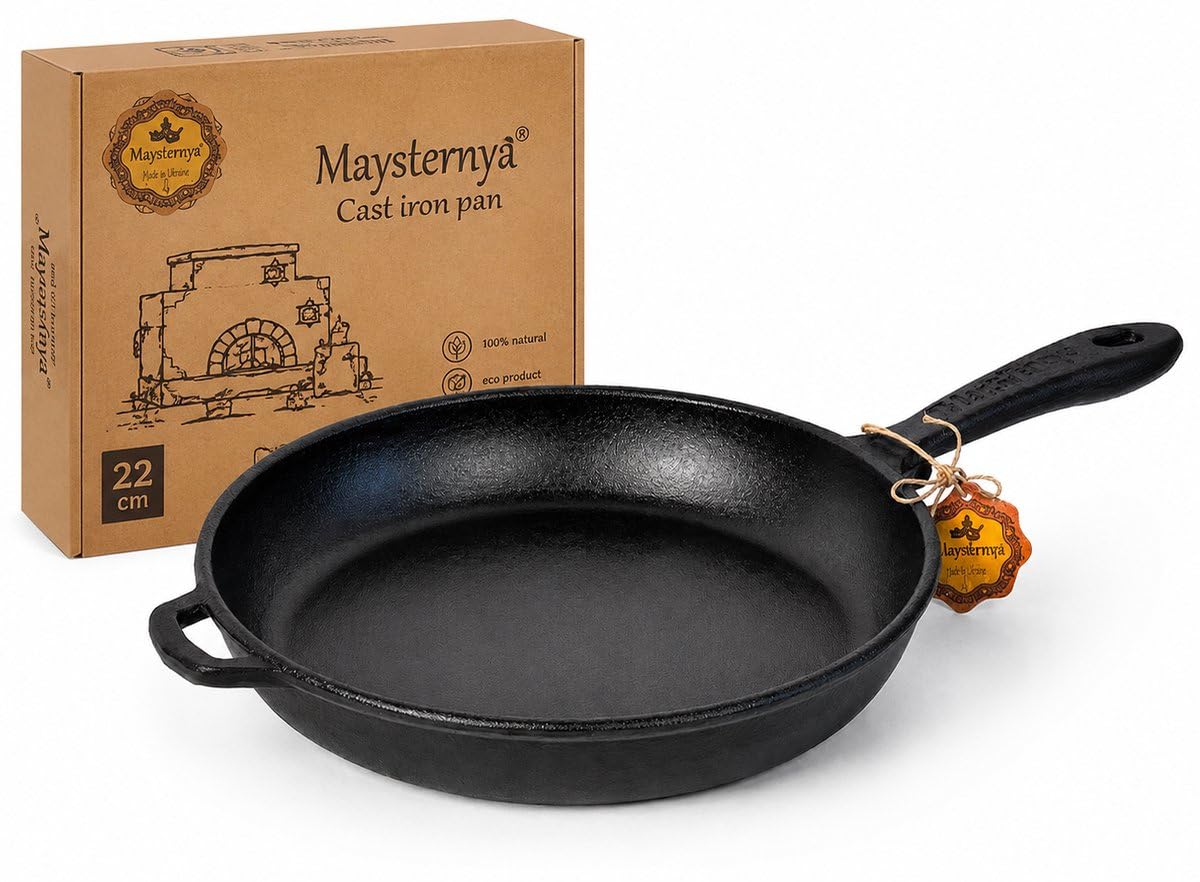 Sartén de Hierro Fundido Ø22 cm – Apta para Inducción, Horno y BBQ – Sin PFAS – Sartén con Mango Metálico – Resistente – Negra