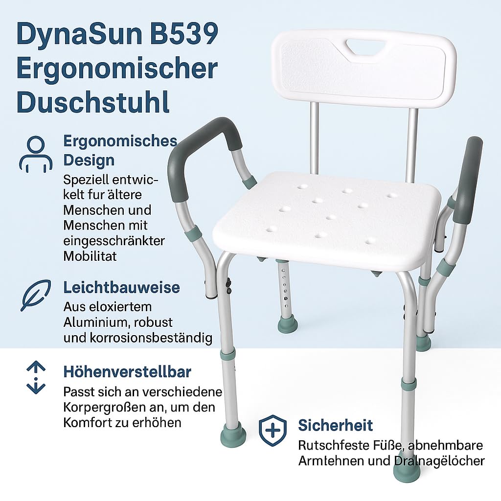 Sedia da doccia ergonomica DynaSun B539 sgabello da bagno regolabile in altezza con braccioli e schienale per anziani e persone con mobilità ridotta