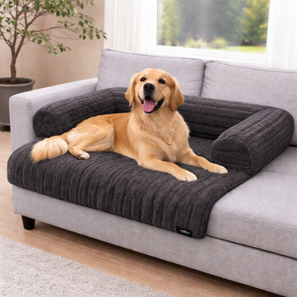 Soodie&Zuzu's Sofa Pet Bed Cord, Waterproof Dog Bed with Raised Sides, Non-Slip Base, Soft Ribbed Plush Pet Cushion for Dogs & Cats - Charcoal, 90 x 90 x 15 cm