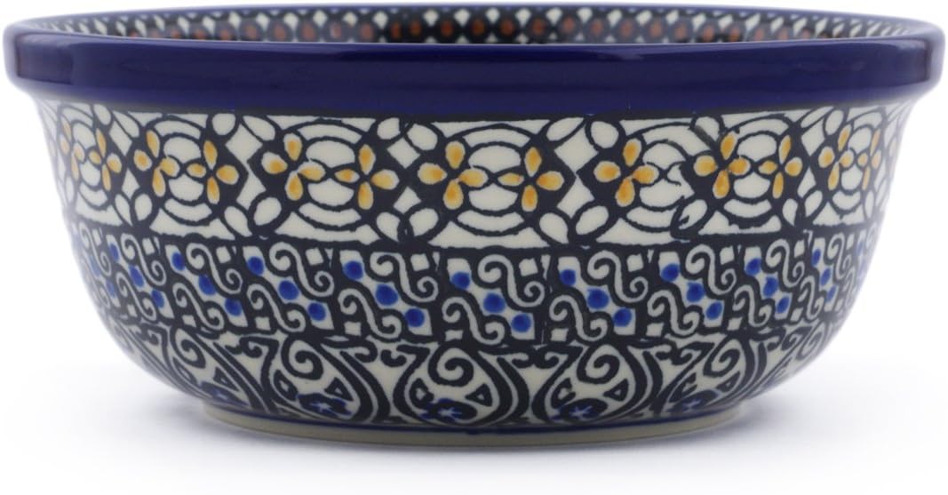 Polmedia Polish Pottery Bowl 6-inch UNIKAT - Stain Glass Pattern Handmade in Boleslawiec Poland by Ceramika Artystyczna + Certificate of Authenticity