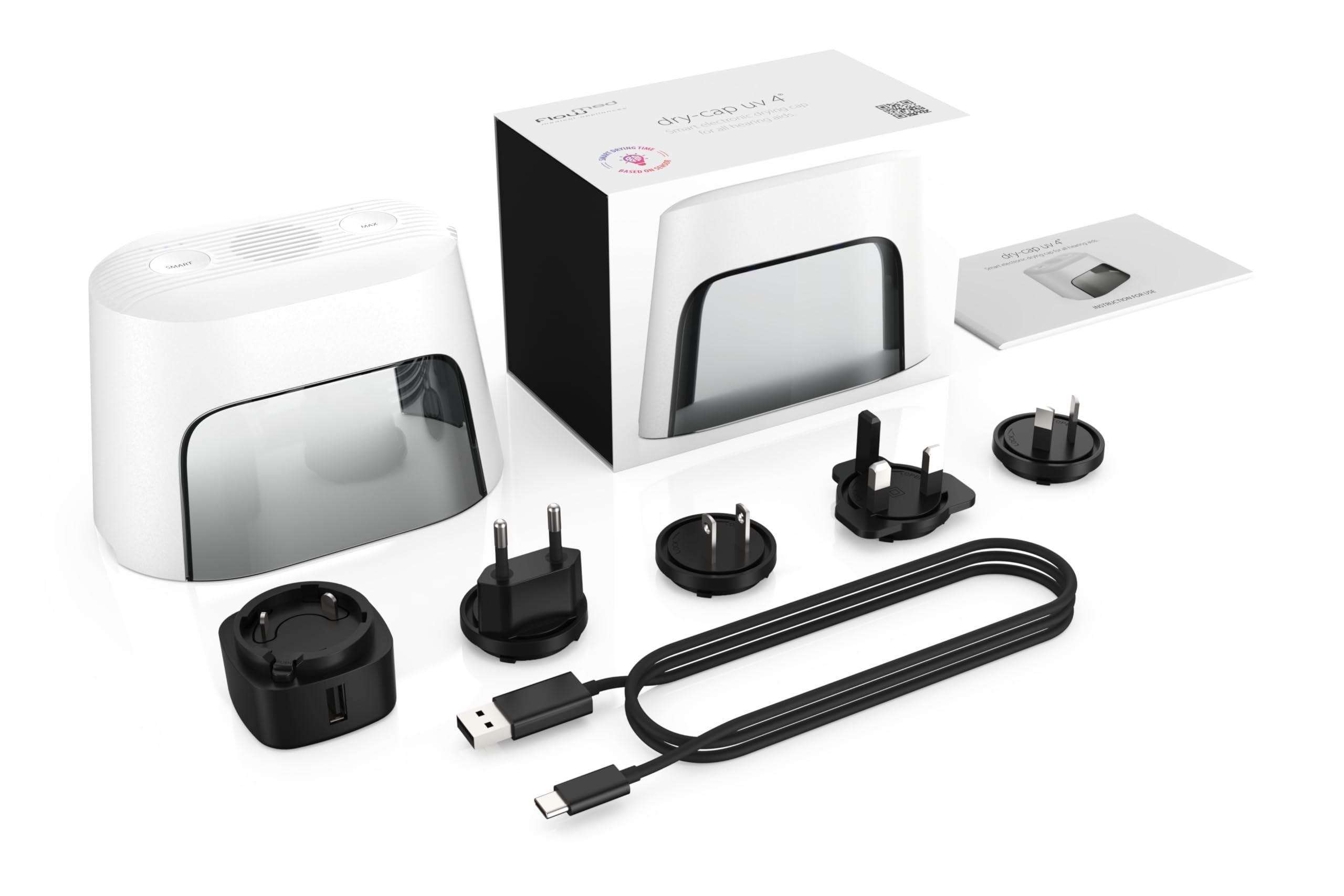flow-med dry-cap UV 4 - Deumidificatore Apparecchi Acustici - Ricarica, Disinfezione e Asciugatura Simultanee - Per ogni Apparecchio Acustico - 4 LED UV-C - Ventola e Calore - Sensore SMART