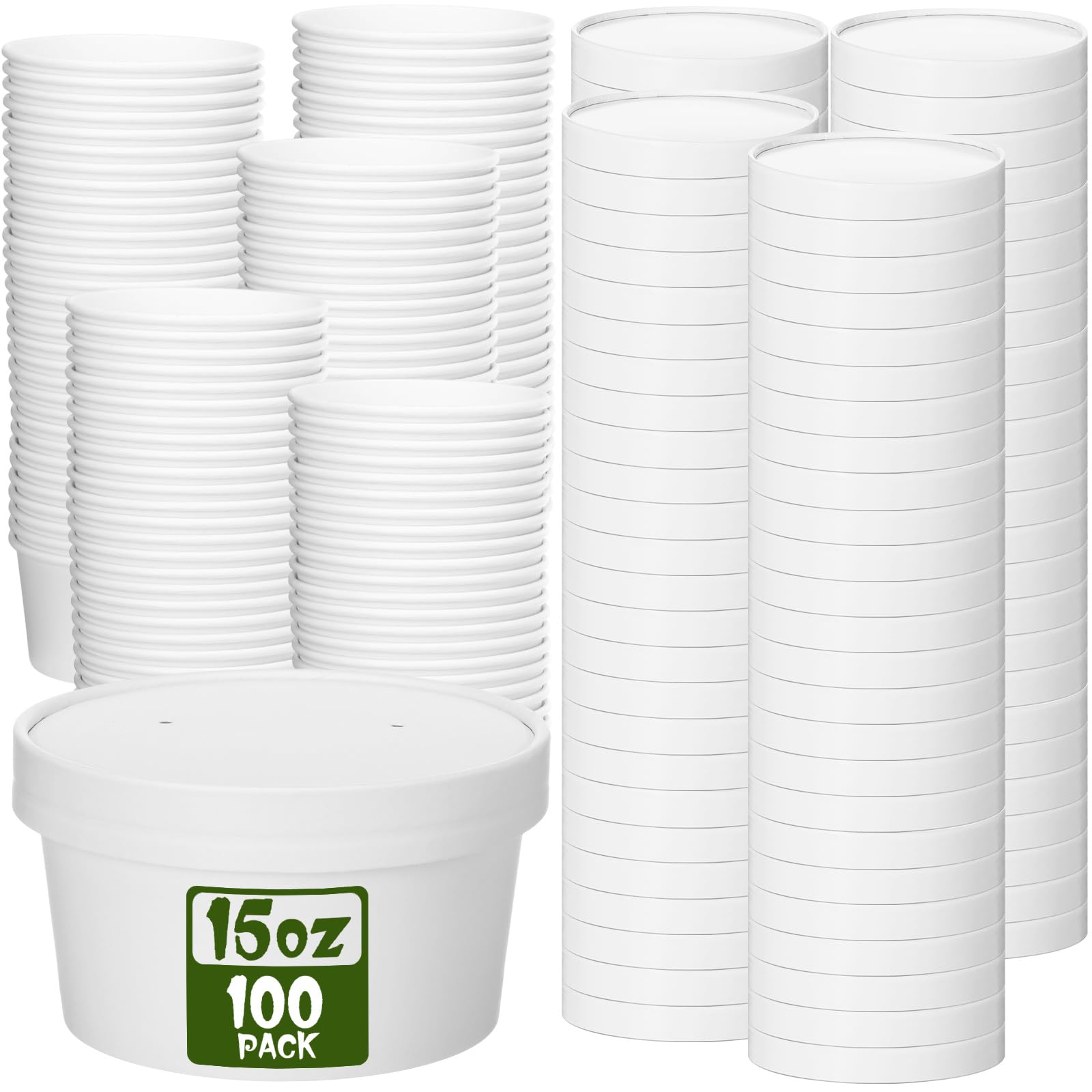 Fulmoon 15 oz 100 Pack Paper Containers with Lids Soup Bowl Cup, White