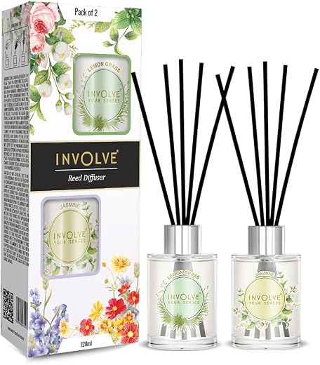 Involve Pura Reed Diffuser Set- Lemongrass &amp; Jasmine - 120 ml | Oil Diffuser with Free 10 Reed Sticks | Room Freshener for...