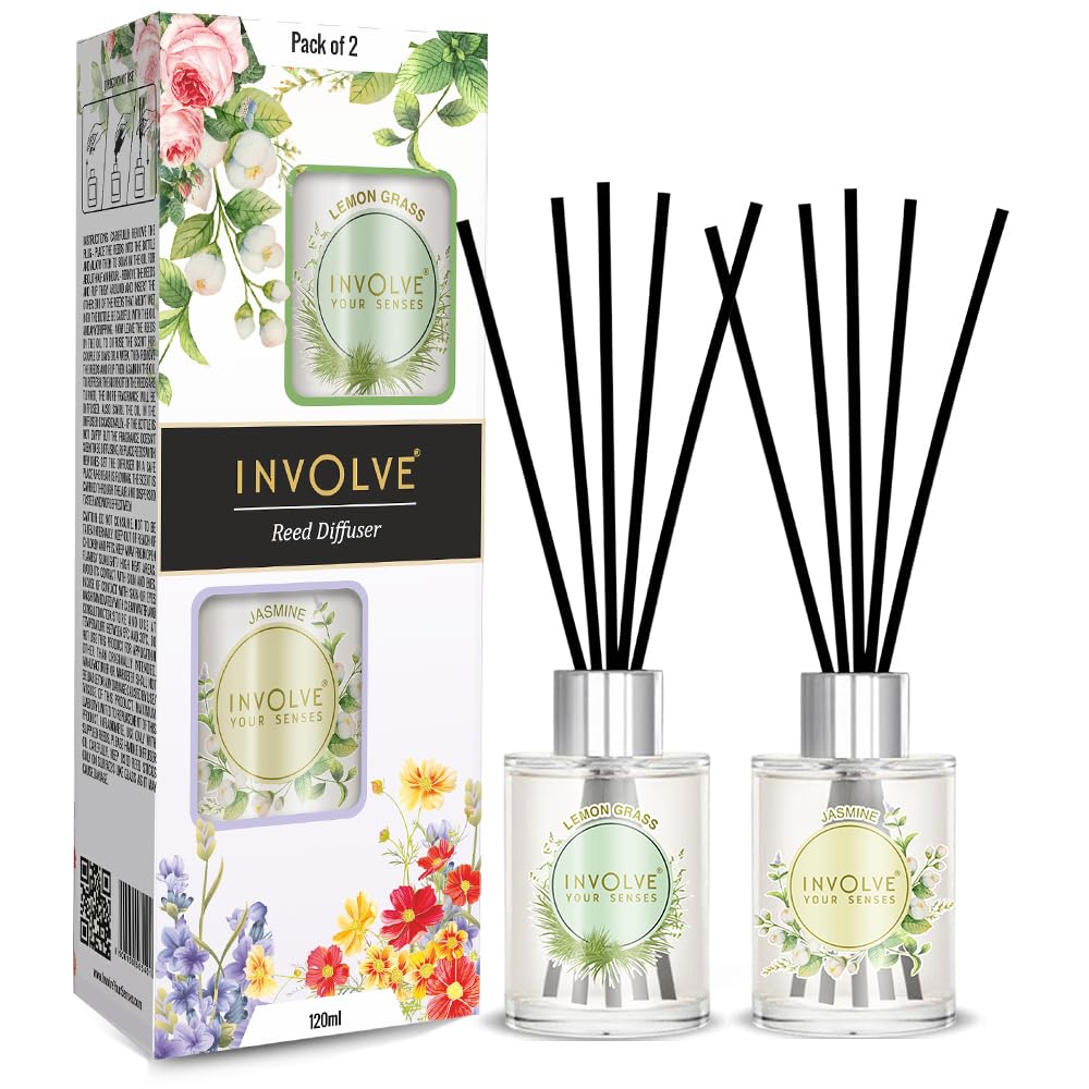 Involve Pura Reed Diffuser Set- Lemongrass & Jasmine - 120 ml | Oil Diffuser with Free 10 Reed Sticks | Room Freshener for Home, Bedroom | Gifts Set (Pack of 2)-image-36