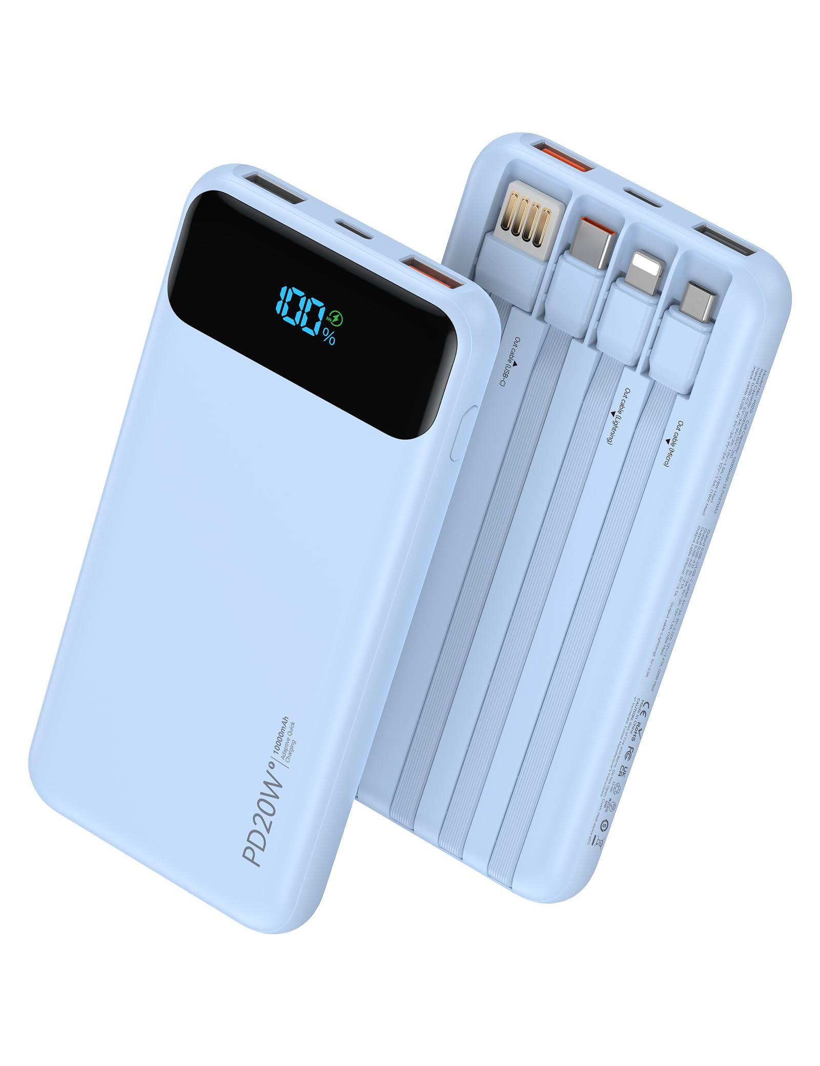 Caricabatterie portatile da 10000 mAh integrato con 4 cavi, ricarica rapida USB C Power Bank da 22,5 W, batteria a 6 uscite, caricabatterie per telefono essenziale da viaggio con display a LED