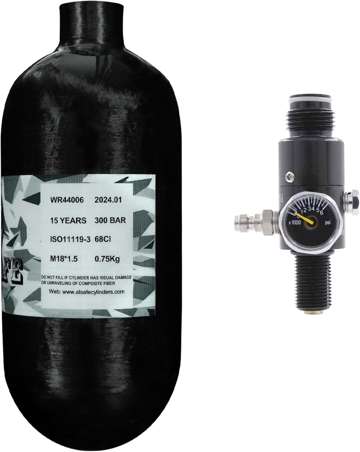 TUXING 68ci CE Carbon Fiber Paintball Tank System,Carbon Fiber hpa Tank,Paintball pcp air Tank with 4500psi Input 2000psi Output M18*1.5 Inlet and G1/2-14 Outlet Thread Paintball Regulator(Not DOT)